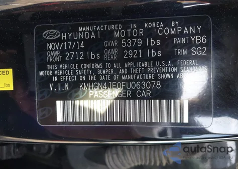 2015 Hyundai Genesis 3.8 z USA, uszkodzony, nr VIN KMHGN4JE0FU063078